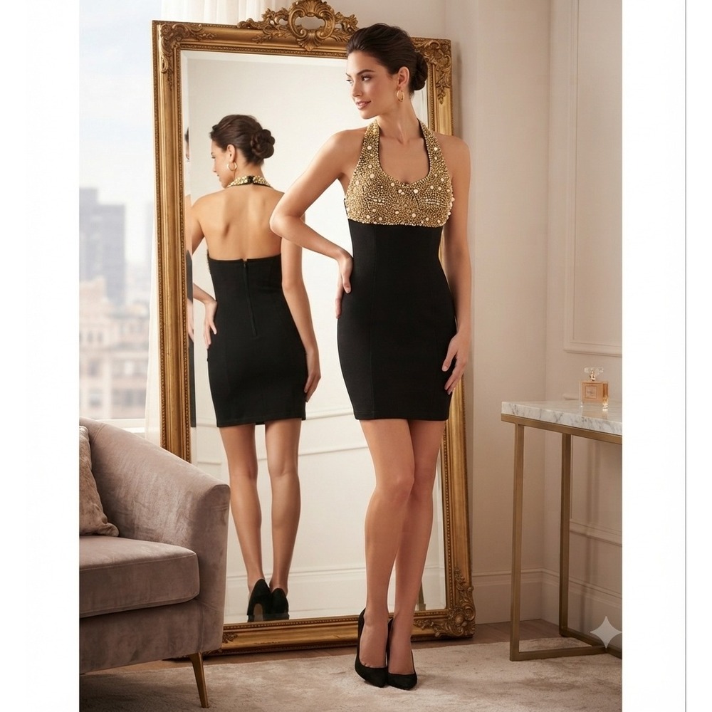 Vintage 1993 Rampage Gold Sequin S Halter Mini Dress Black Wool Blend C-71293